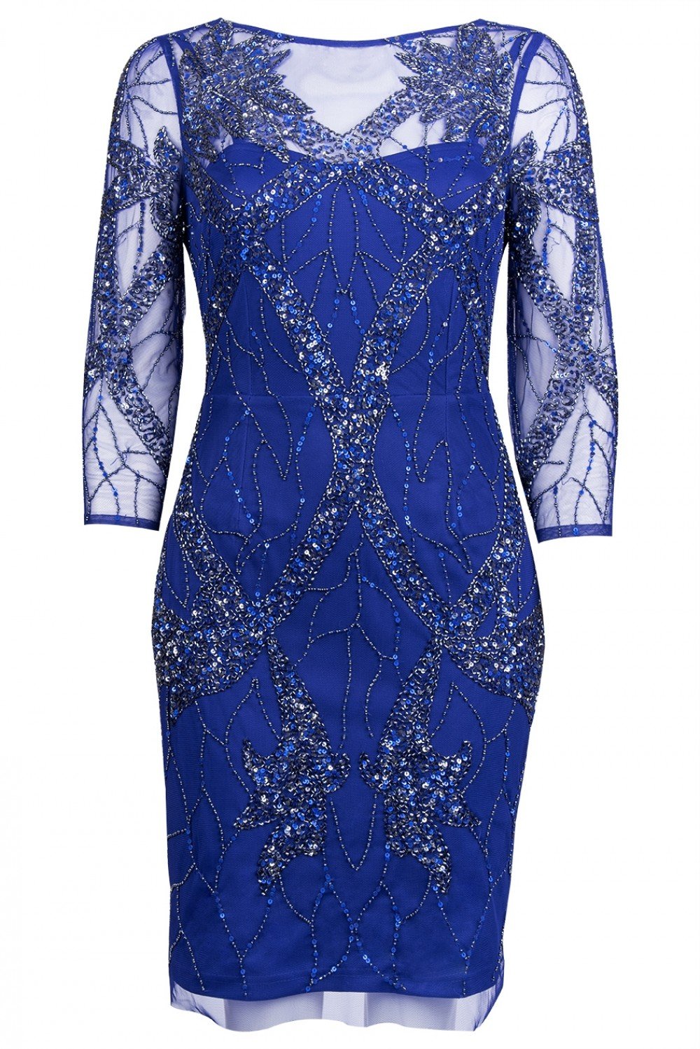 Aidan Mattox - MD1E203136 Quarter Sleeve Beaded Illusion Sheath Dress In Blue