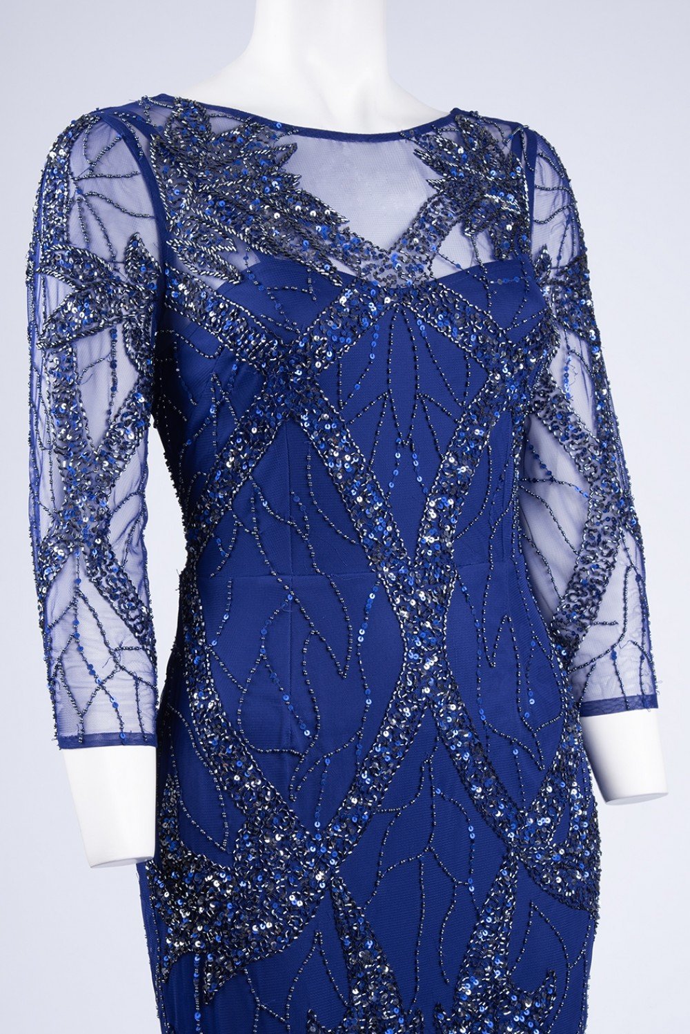 Aidan Mattox - MD1E203136 Quarter Sleeve Beaded Illusion Sheath Dress In Blue