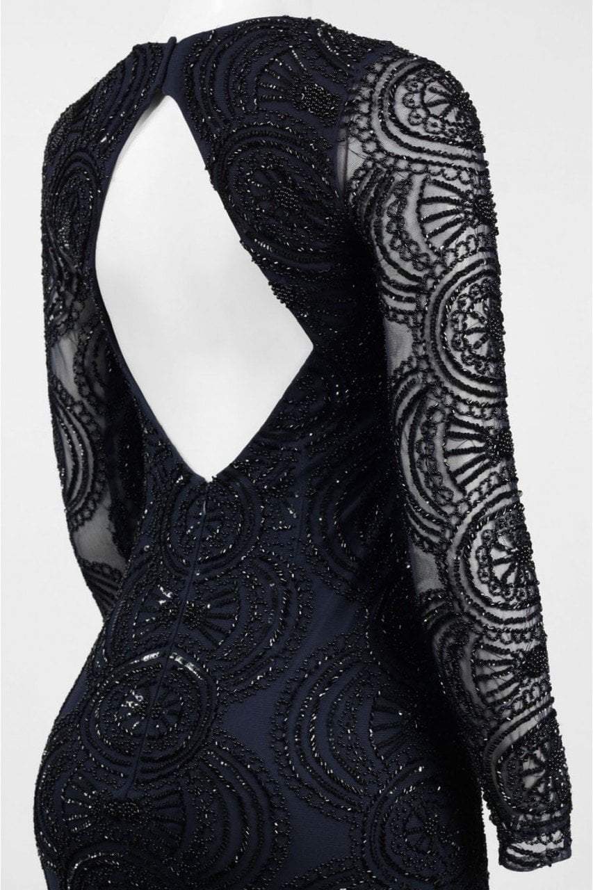 Aidan Mattox - MD1E201413 Long Sleeve Illusion Plunge Cutout Gown in Blue and Black