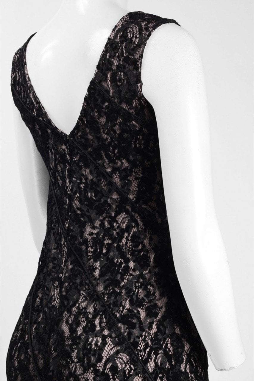 Aidan Mattox - MD1E201455 Illusion V-Neck Floral Lace Evening Gown in Black