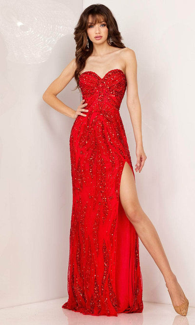 Aleta Couture 1100 - Strapless High Slit Evening Gown Special Occasion Dresses 000 / Red