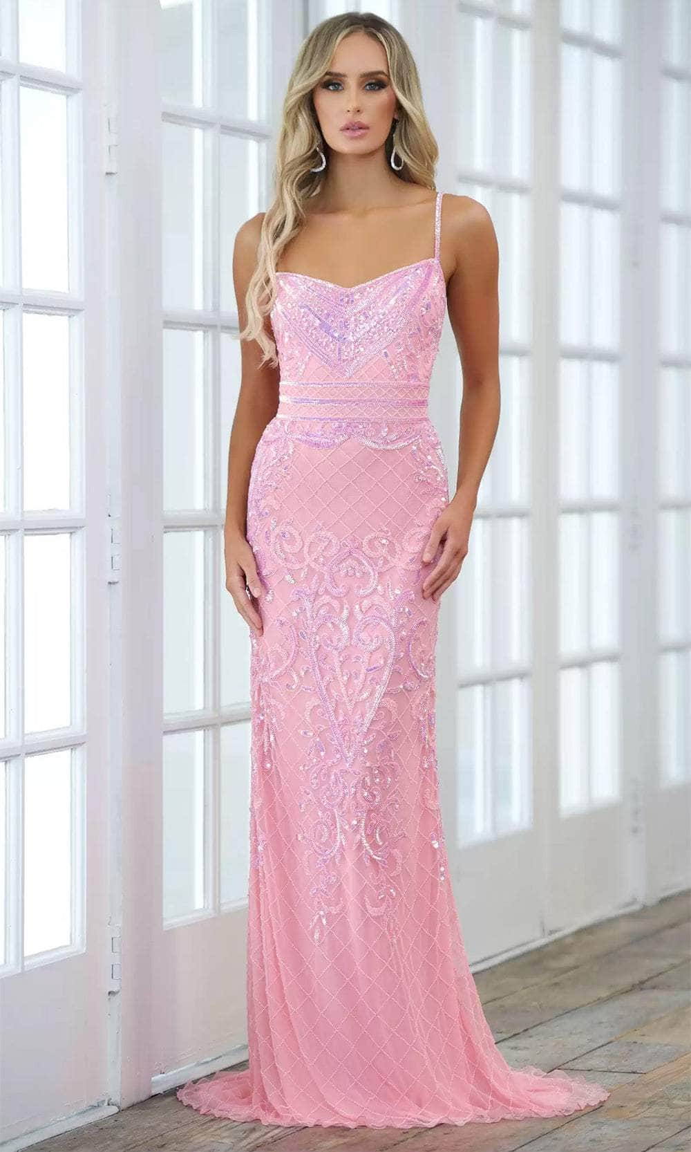 bubble gum prom dress Bubblegum Pink Satin Scoop Neck Dress With Sequin Applique And Lace Up