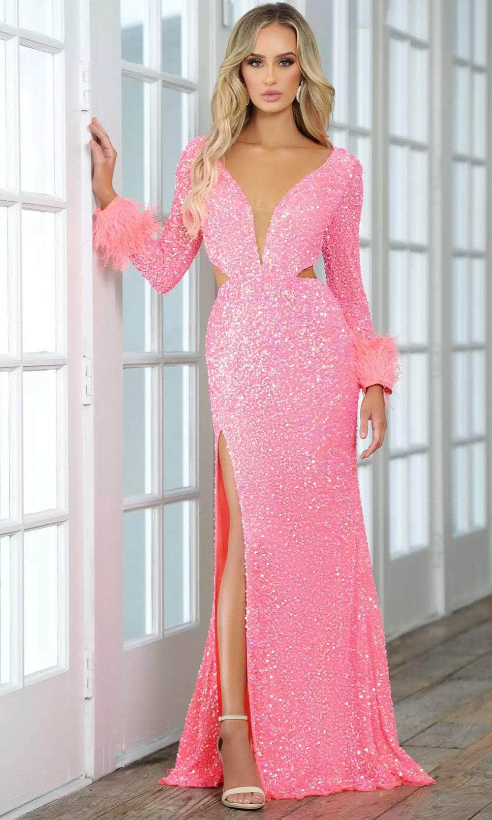 Aleta Couture 731L - Long Sleeve Feather Detailed Gown Prom Dresses