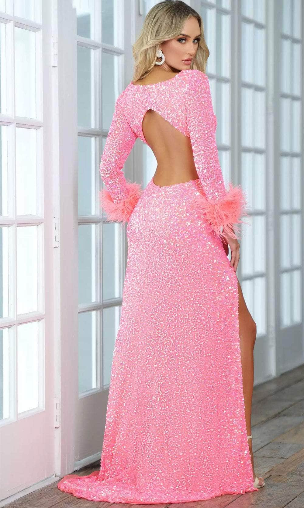 Aleta Couture 731L - Long Sleeve Feather Detailed Gown Prom Dresses
