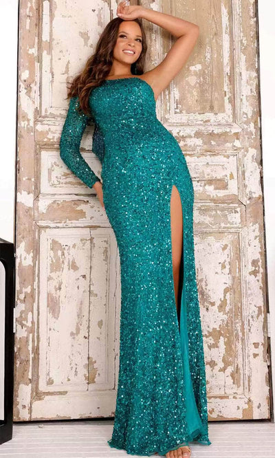 Aleta Couture 881 - Fringe Embellished One-Sleeve Gown Prom Dresses 000 / Asian Jade