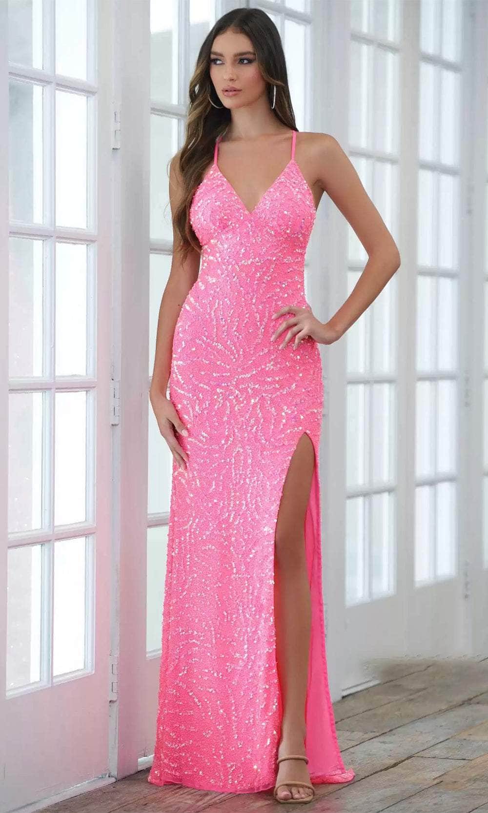 Aleta Couture 882 - Sequin Open Back Gown Evening Dresses 000 / Freeze Pink