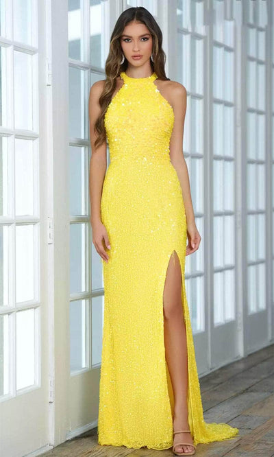 Aleta Couture 886 - Back Cut-Out Halter Neck Gown Prom Dresses 000 / Yellow