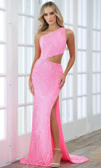 Aleta Couture 889 - Side Cut-Out One-Sleeve Gown Prom Dresses 000 / Freeze Pink