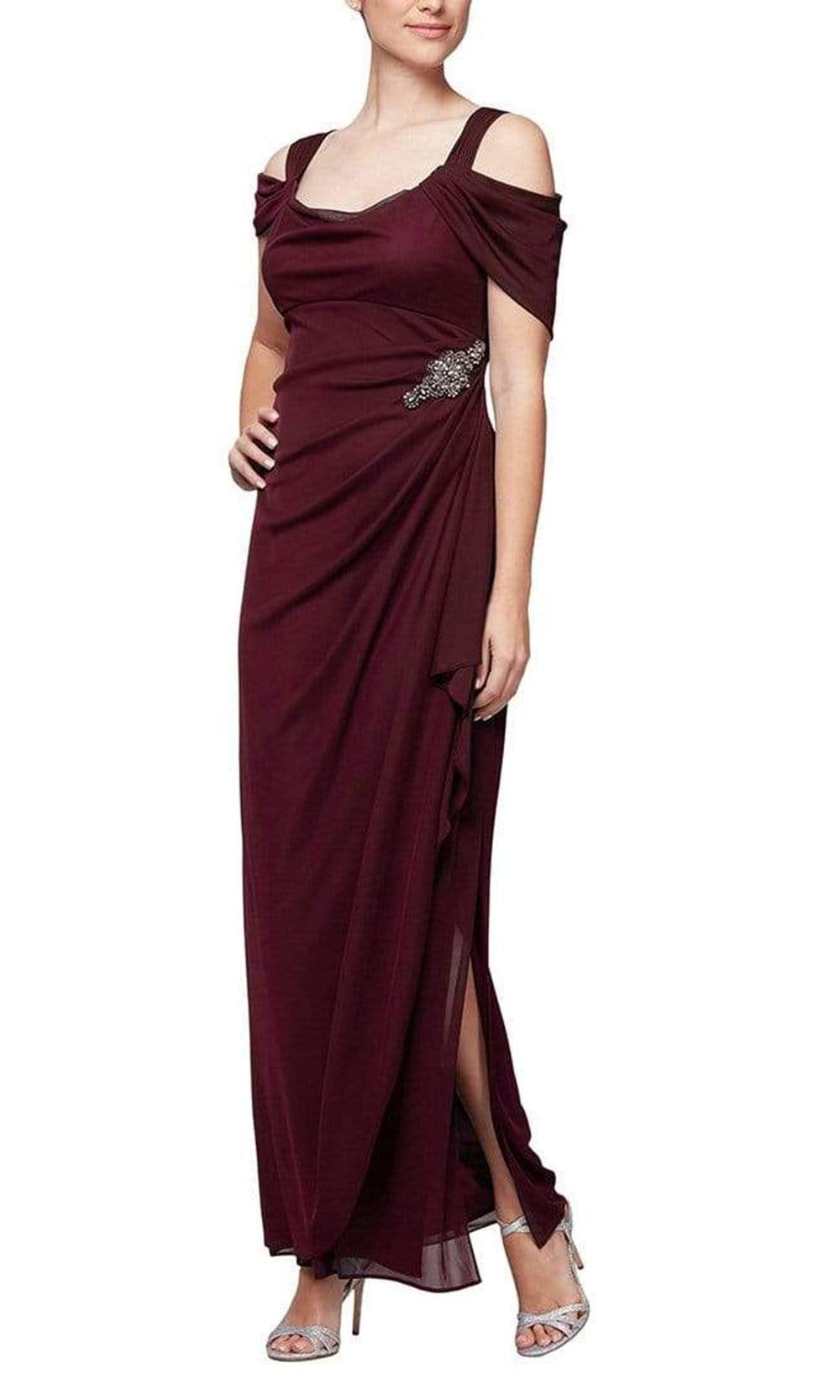 Alex Evenings Cold-Shoulder Overlay Dress - Wine Alex Evenings Cold-Shoulder Overlay Dress - Wine