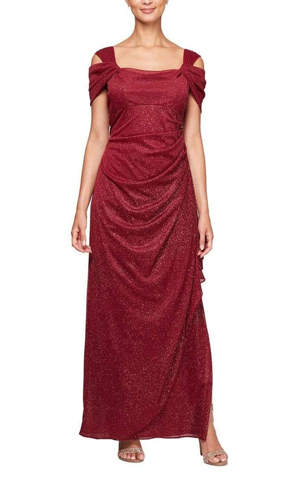 Alex Evenings - 133026 Cold Shoulder Empire Waist Glitter Mesh Dress Mother of the Bride Dresses 16 / Wine