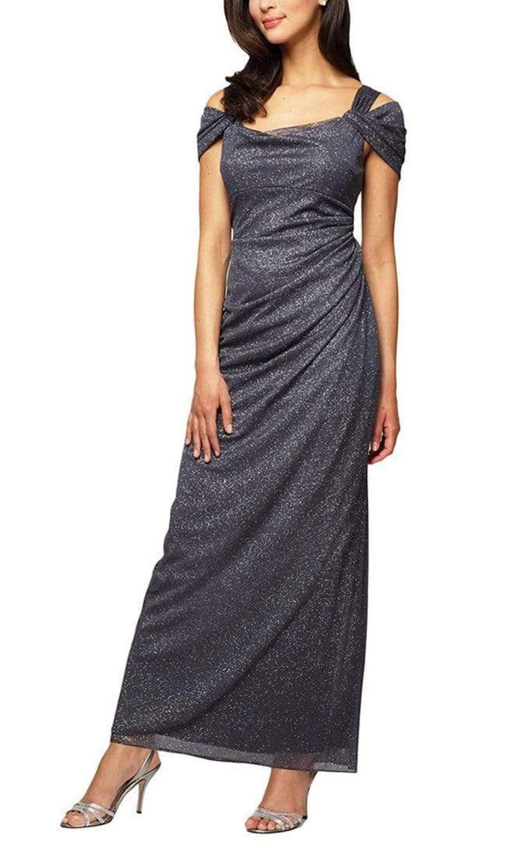 Alex Evenings - 133026 Cold Shoulder Empire Waist Glitter Mesh Dress Mother of the Bride Dresses 4 / Smoke