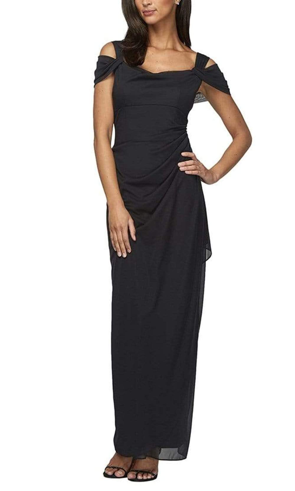 Alex Evenings Petite Lindsay Cold Shoulder Mesh Gown Black / 4P Alex Evenings Petite Lindsay Cold Shoulder Mesh Gown Black / 4P