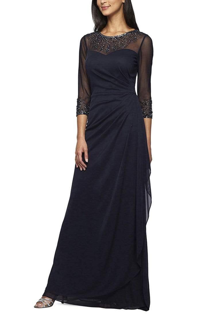 Alex Evenings - 232833 Beaded Sheer Long Sleeve Sheath Dress Mother of the Bride Dresses 6P / Dark Navy