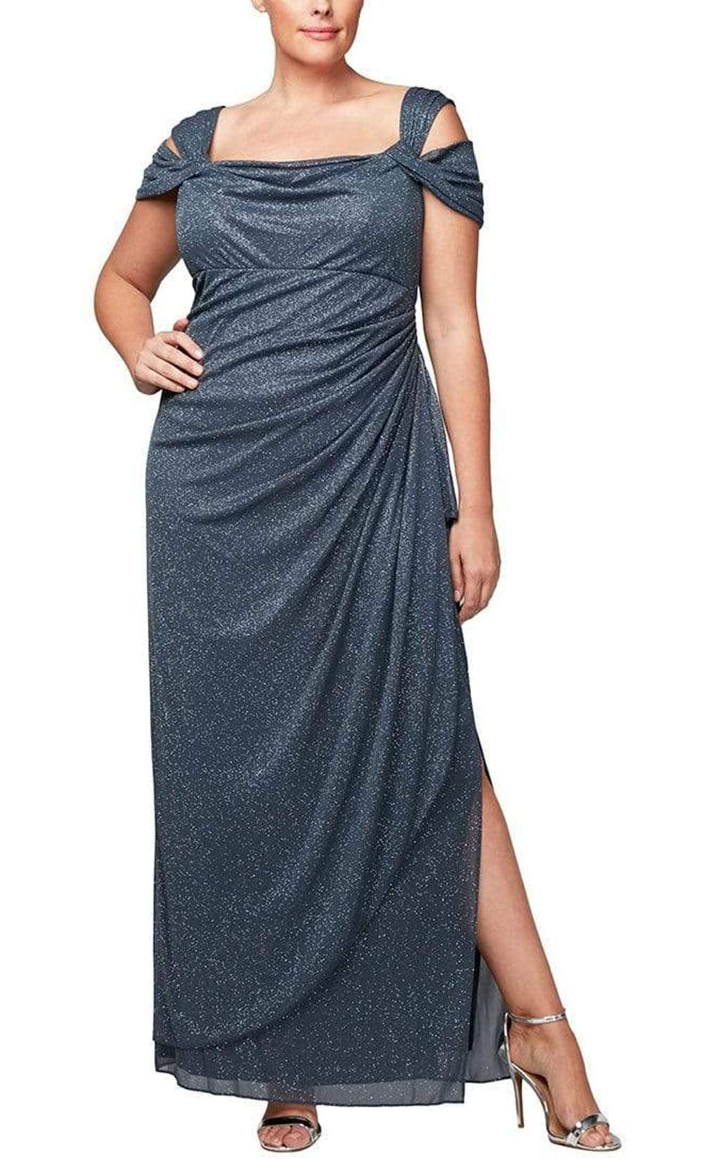 Alex Evenings Plus Hannah Glitter Mesh Gown Dark Navy / 16W Alex Evenings Plus Hannah Glitter Mesh Gown Dark Navy / 16W