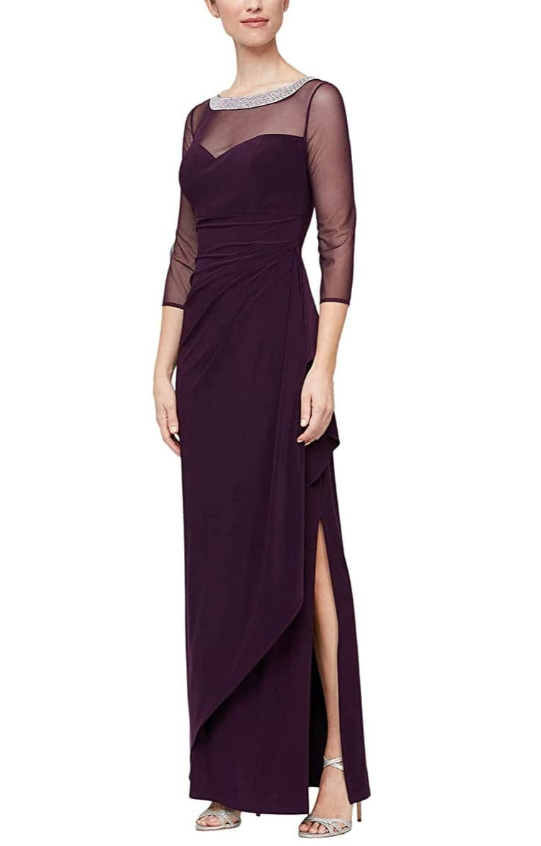 alex evenings evening dress Alex Evenings Long Sleeveless Ombre Glitter Mesh Dress with Cowl Neckline and Cascade Detail Skirt WINE MULTI / 14