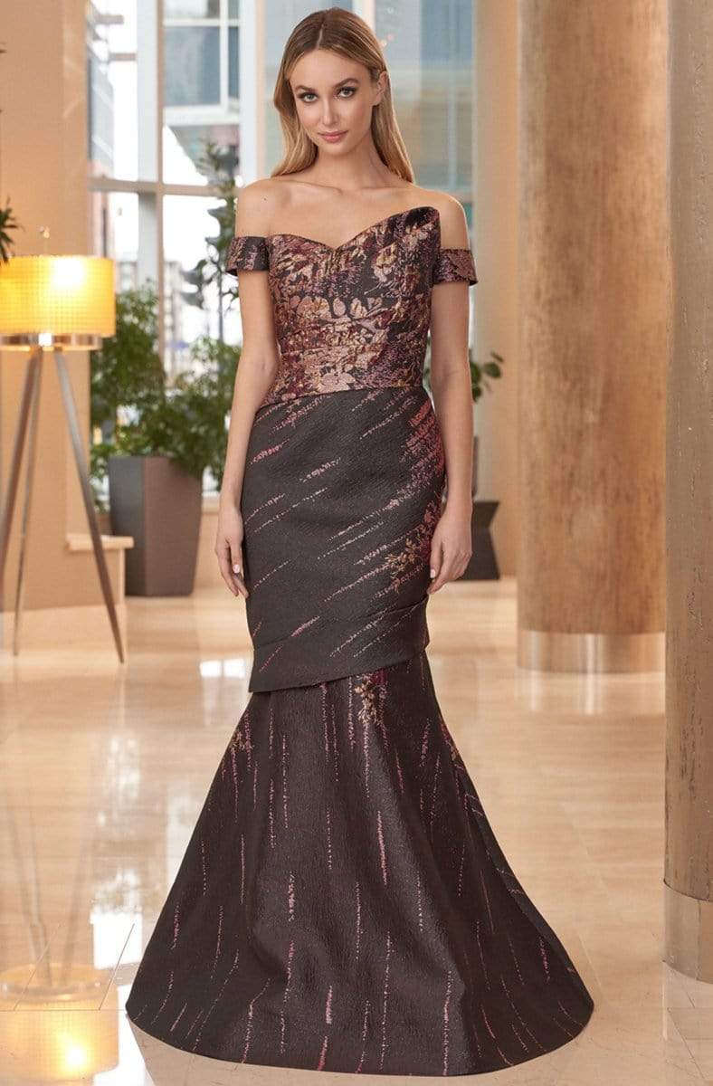 Alexander by Daymor - 1054B Detachable Skirt Floral Print Trumpet Gown Mother of the Bride Dresses 0 / Aubergine/Gold