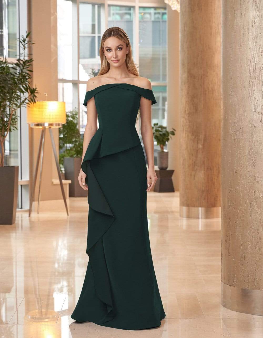 Alexander by Daymor - 1060 Off-Shoulder Ruffled Skirt Trumpet Gown Mother of the Bride Dresses 0 / Forest