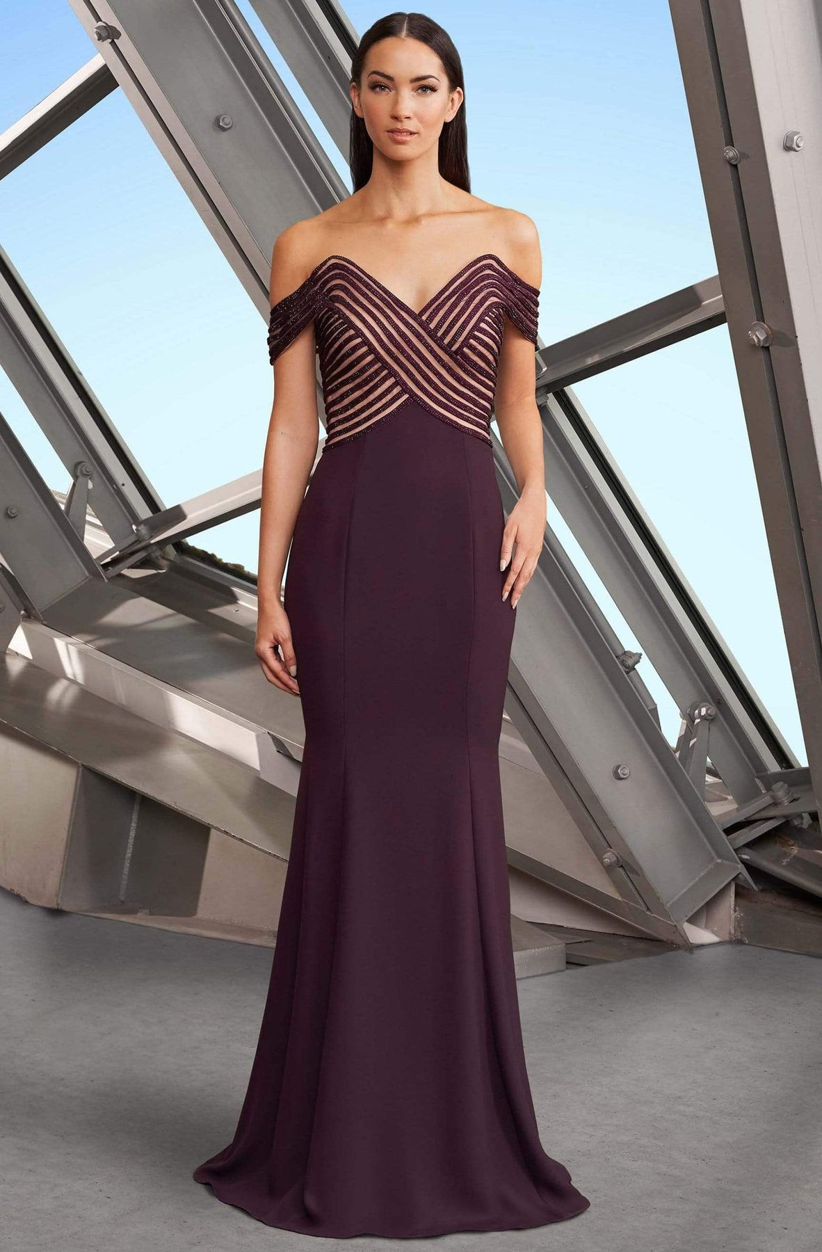 Alexander by Daymor - 1163 Crisscross Stripe Ornate Off Shoulder Dress Evening Dresses 4 / Aubergine