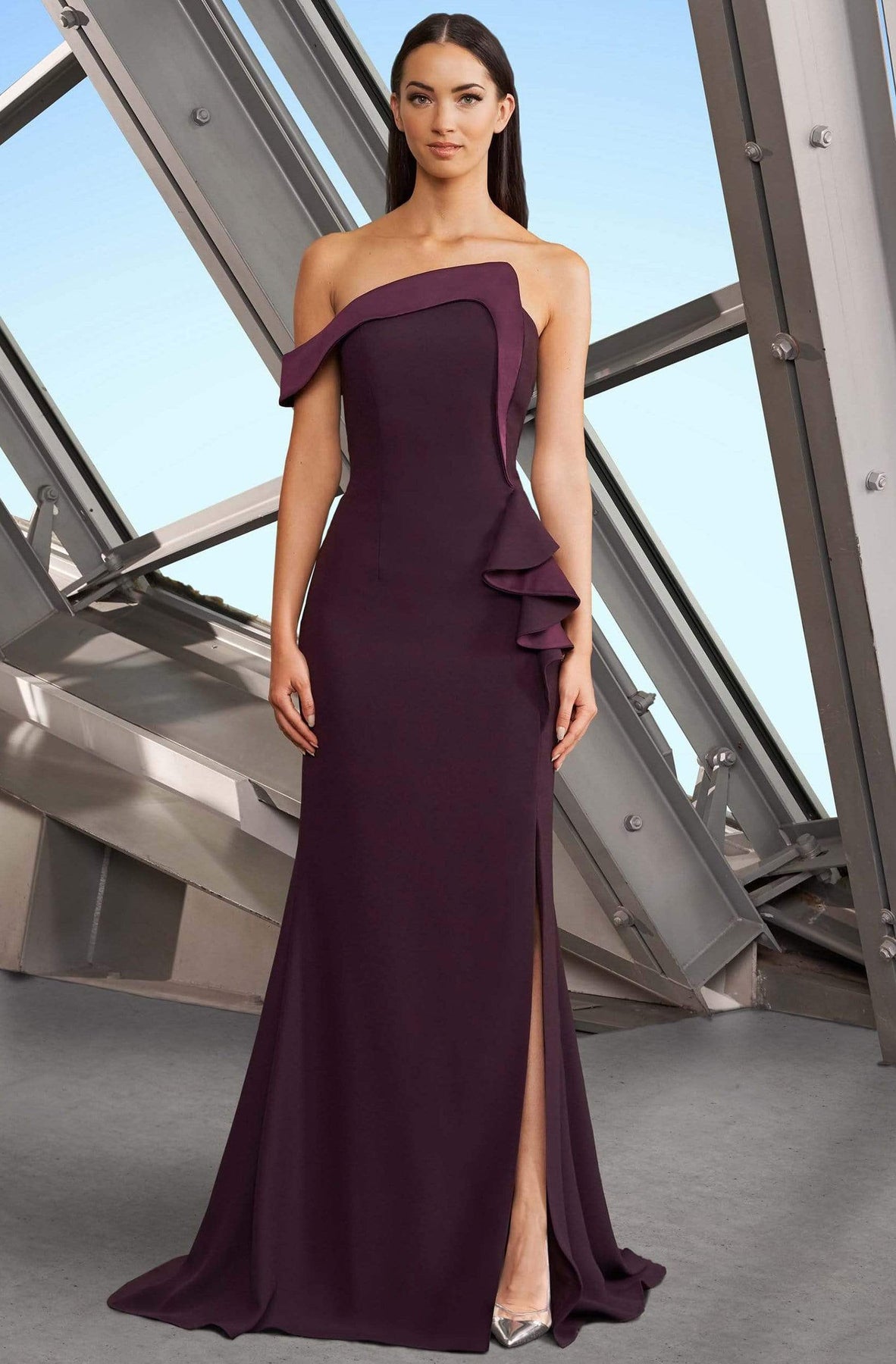 Alexander by Daymor - 1188 Asymmetric Neckline Ruffled Accent Evening Gown Evening Dresses 4 / Aubergine