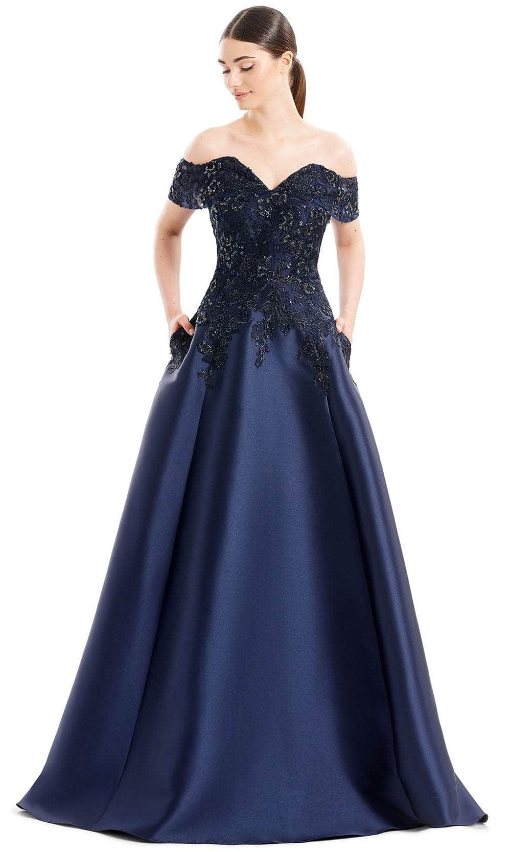 Alexander By Daymor 1668F22 - Off-Shoulder V-Neck Evening Gown Special Occasion Dress 4 / Navy