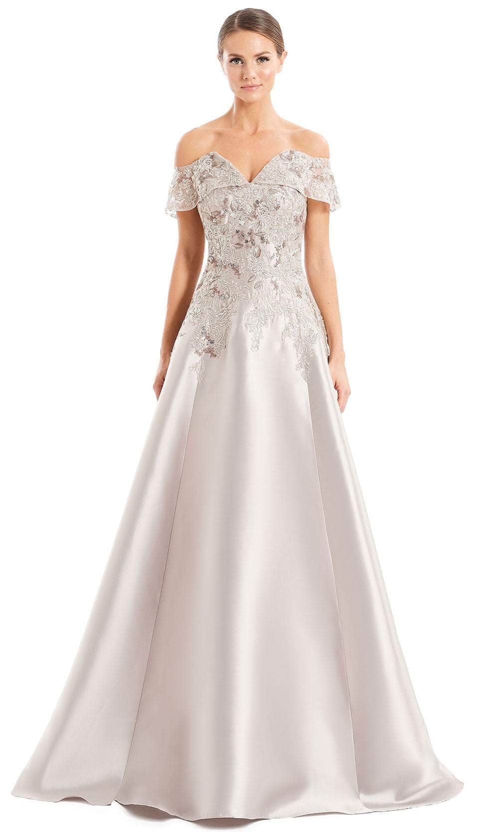 Alexander By Daymor 1668F22 - Off-Shoulder V-Neck Evening Gown Special Occasion Dress 4 / Silver/Taupe