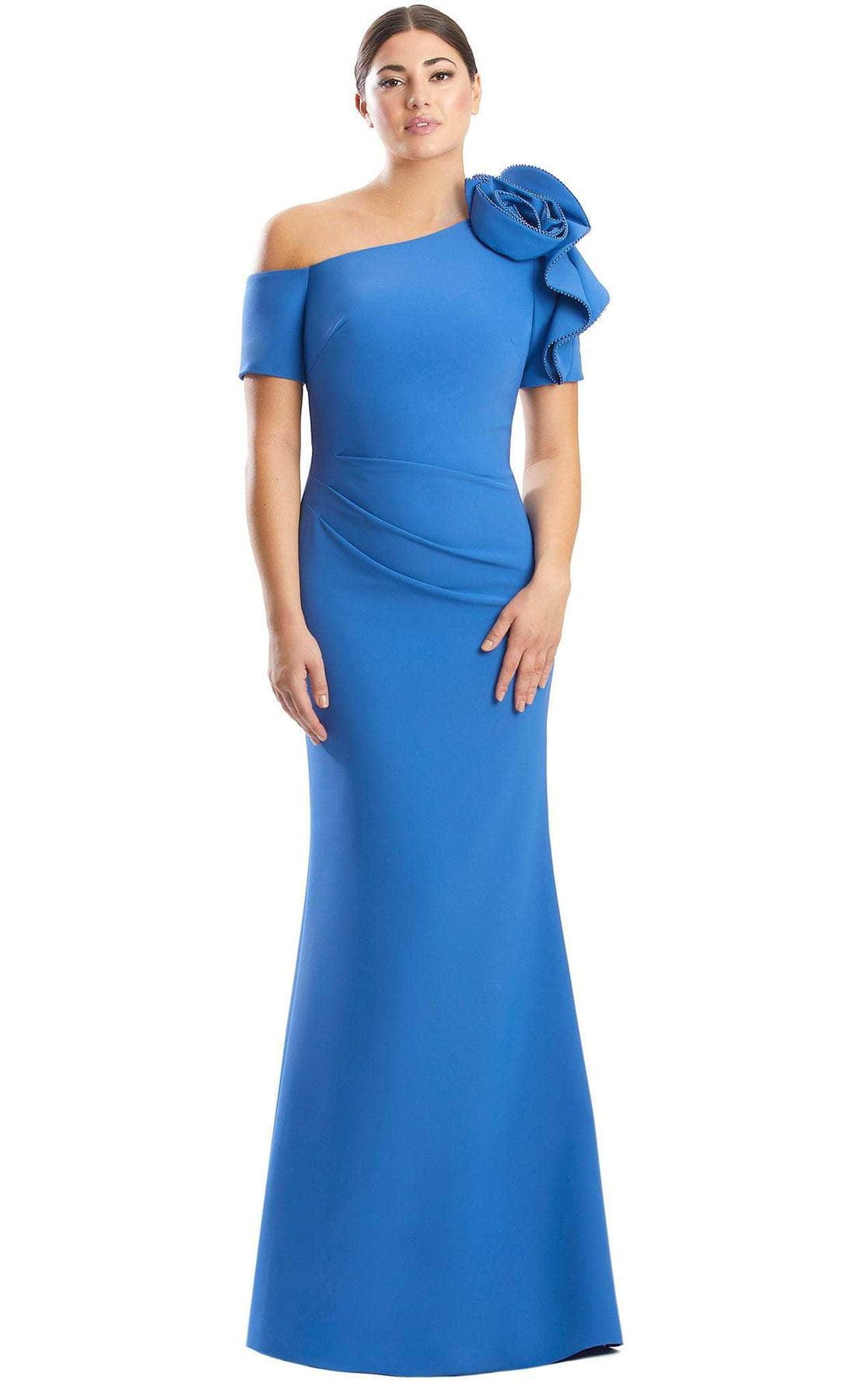 Alexander by Daymor 1762S23 - Rose-Detailed Asymmetrical Formal Gown Evening Dresses 00 / Ocean