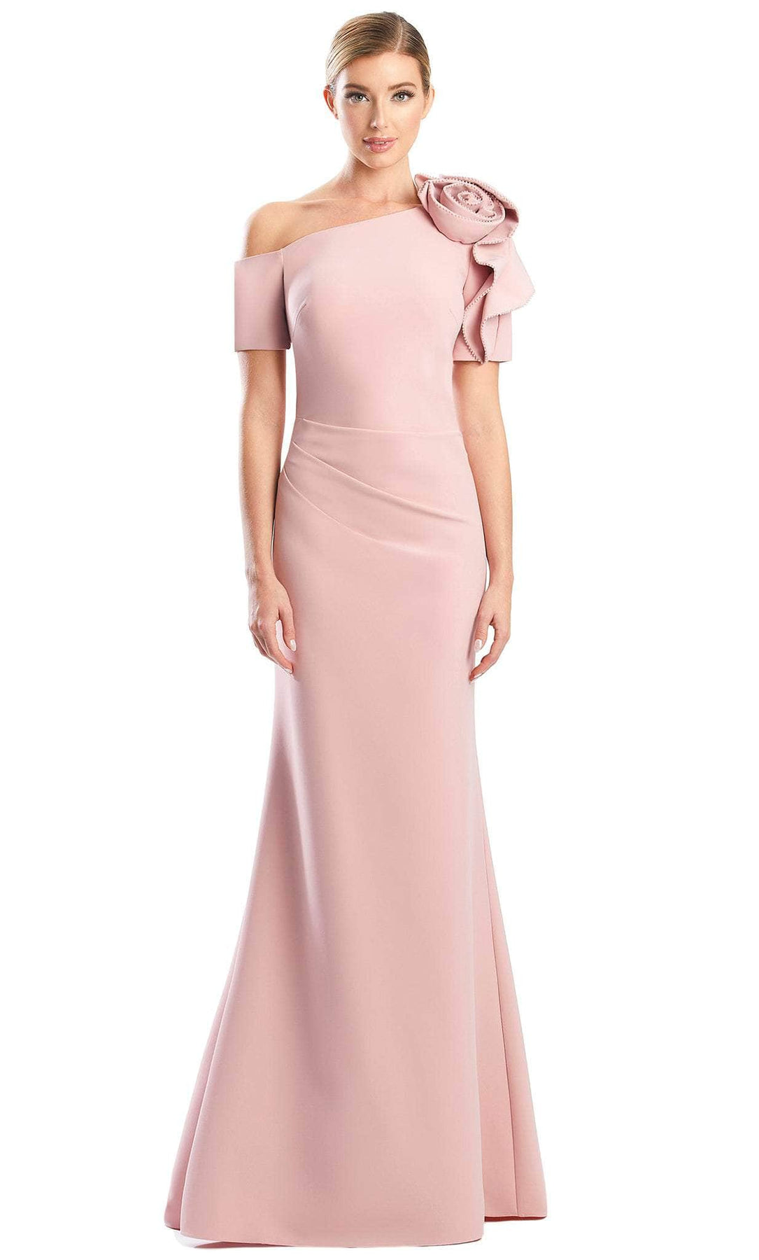 Alexander by Daymor 1762S23 - Rose-Detailed Asymmetrical Formal Gown Evening Dresses 00 / Petal