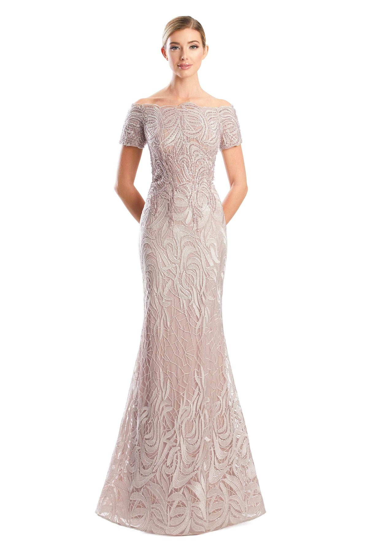 Alexander by Daymor 1765S23 - Off the Shoulder Formal Sheath Gown Evening Dresses 00 / Biscotti