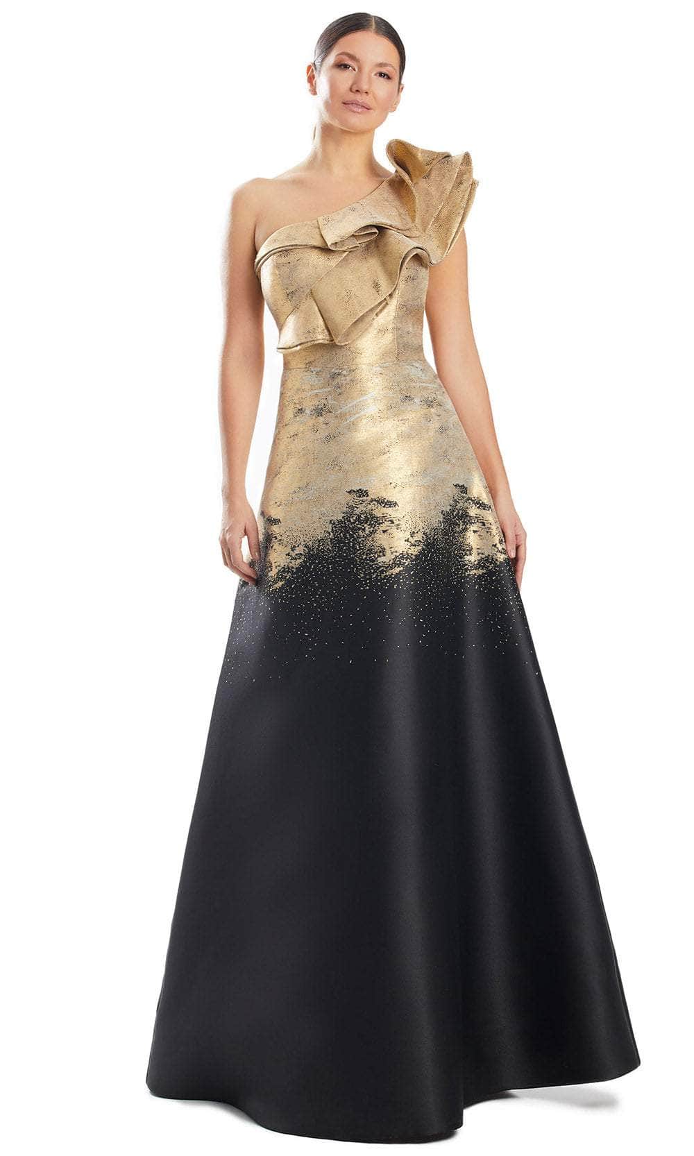 black and gold one shoulder prom dress Elegant One-Shoulder Black And Gold Evening Gown Wedding Guest Dresses VOS LEE