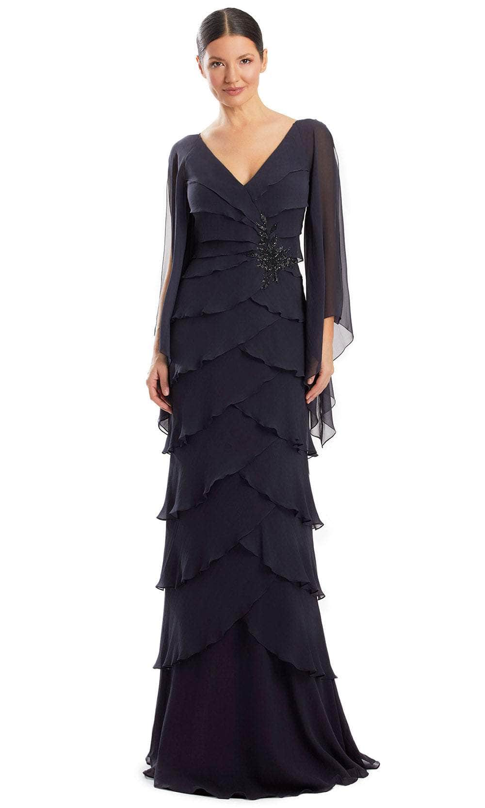 Alexander by Daymor 1957S24 - Long Sheath Dress - Sheer Long Sleeve, Tiered, Beaded Applique, V-Back, Back Zipper, Floor Length ADASA Alexander by Daymor 1957S24 - Long Sheath Dress - Sheer Long Sleeve, Tiered, Beaded Applique, V-Back, Back Zipper, Floor Length ADASA