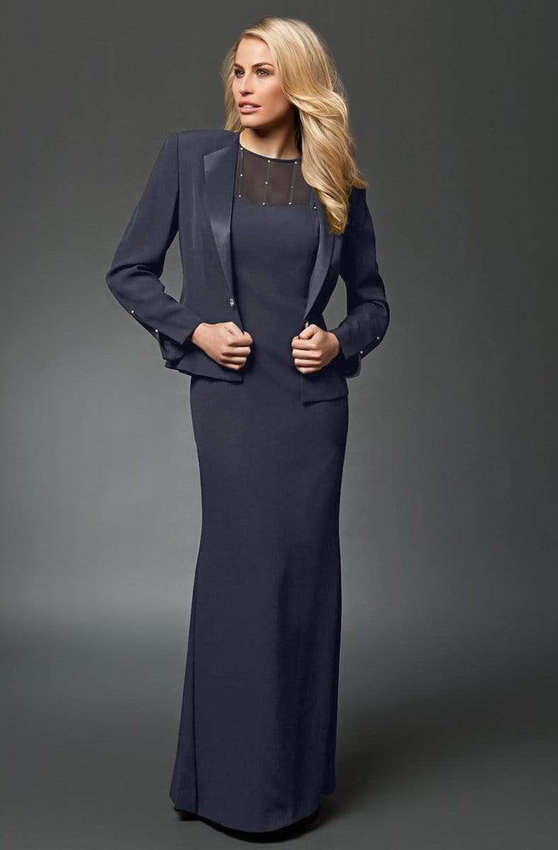 Alexander by Daymor - 702105 Classy Sheer Beaded Sheath Dress With Jacket Mother of the Bride Dresses 2 / Platinum