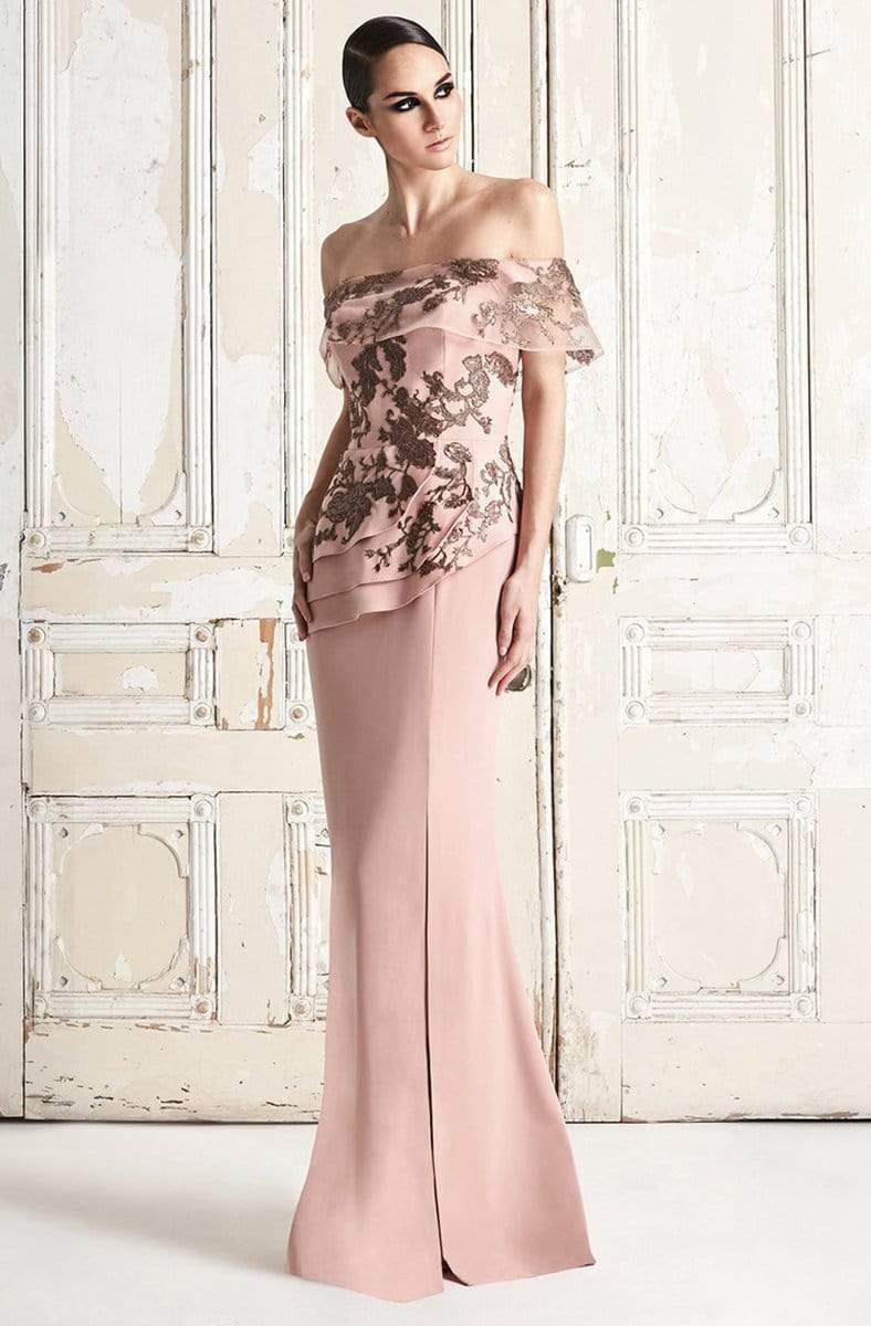Alexander by Daymor - 773 Embroidered Off Shoulder Peplum Dress Mother of the Bride Dresses 2 / Buff