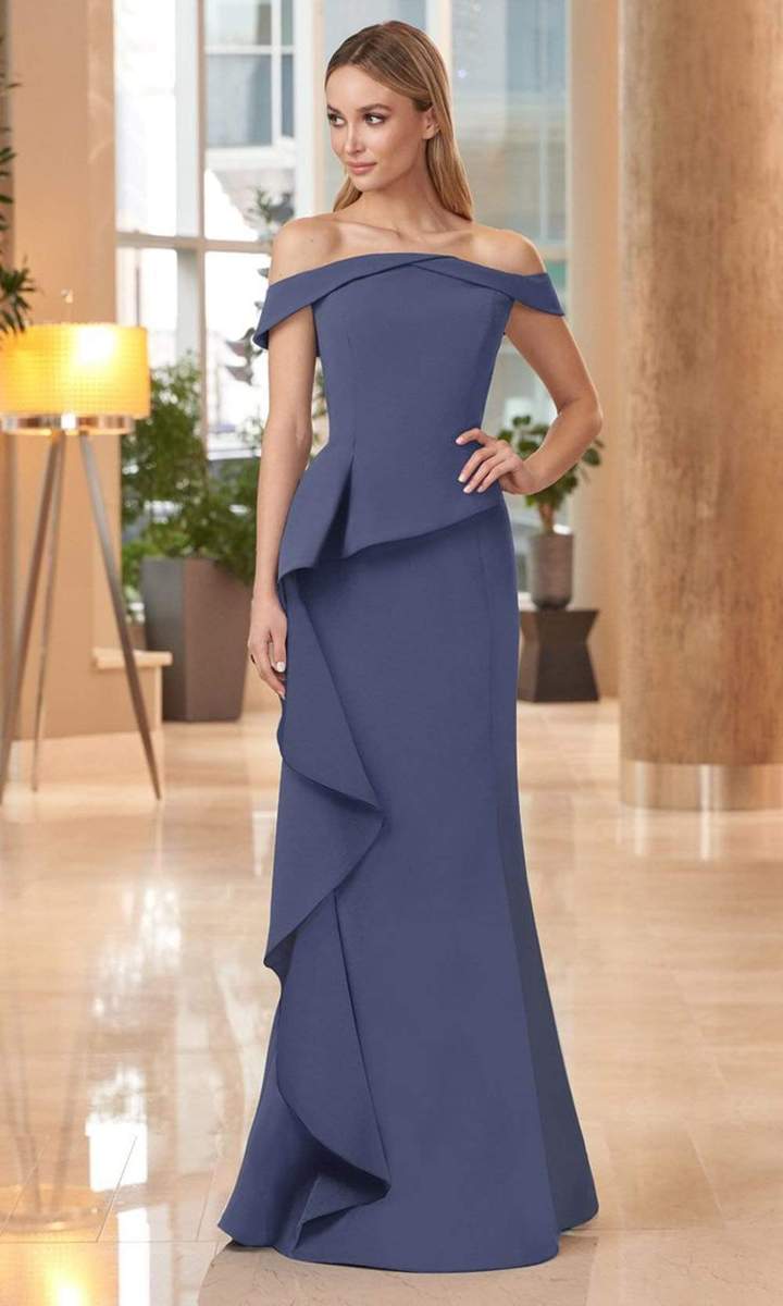Alexander by Daymor Long Off-Shoulder Ruffled Trumpet Gown 1060 CCSALE 10 / Delphi Blue