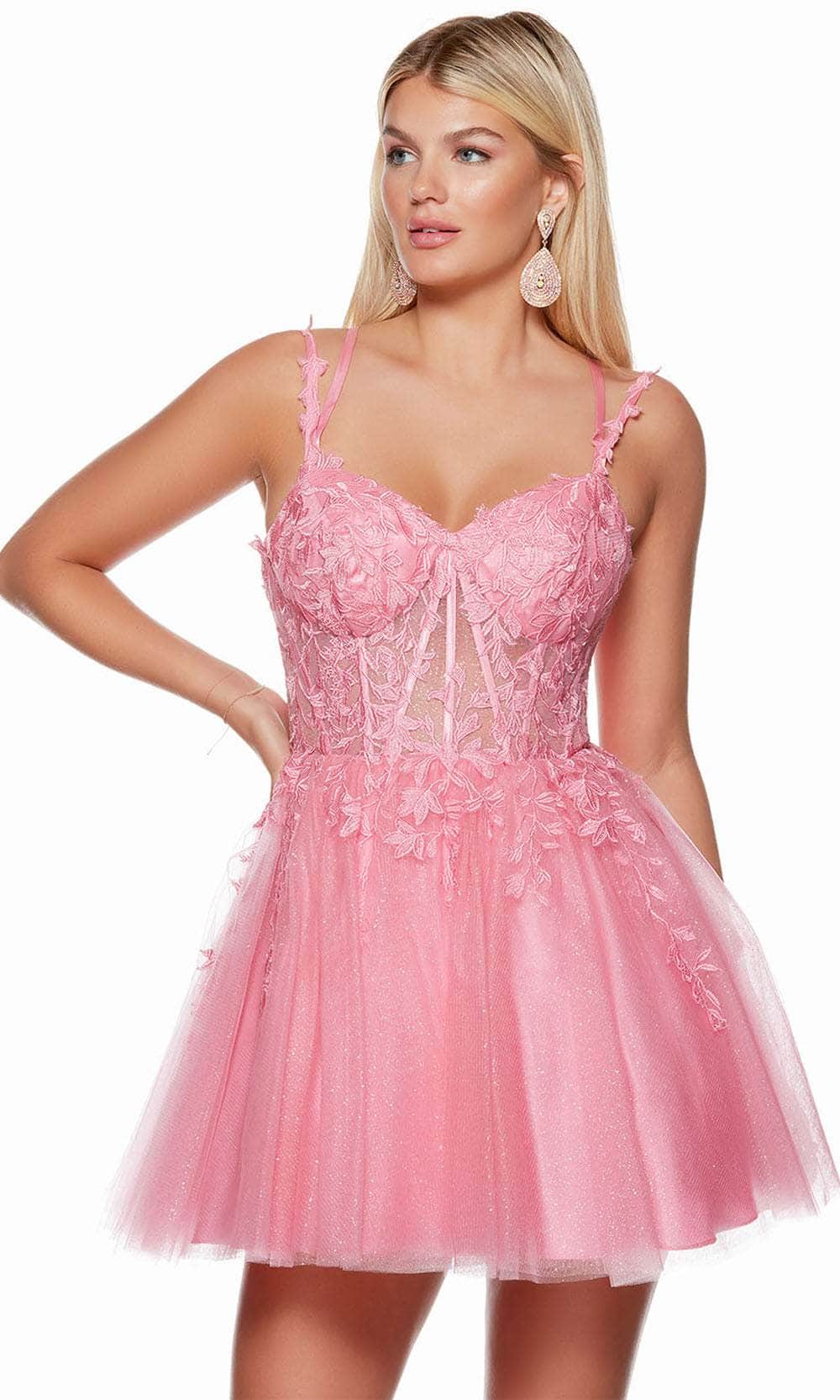Alyce Paris 3121 - Short Tulle A-Line Dress - Sleeveless, Dual Strap, Illusion Corset Bodice, Lace Appliques, Strappy Lace-Up Back, Mid-Thigh ADASA Alyce Paris 3121 - Short Tulle A-Line Dress - Sleeveless, Dual Strap, Illusion Corset Bodice, Lace Appliques, Strappy Lace-Up Back, Mid-Thigh ADASA
