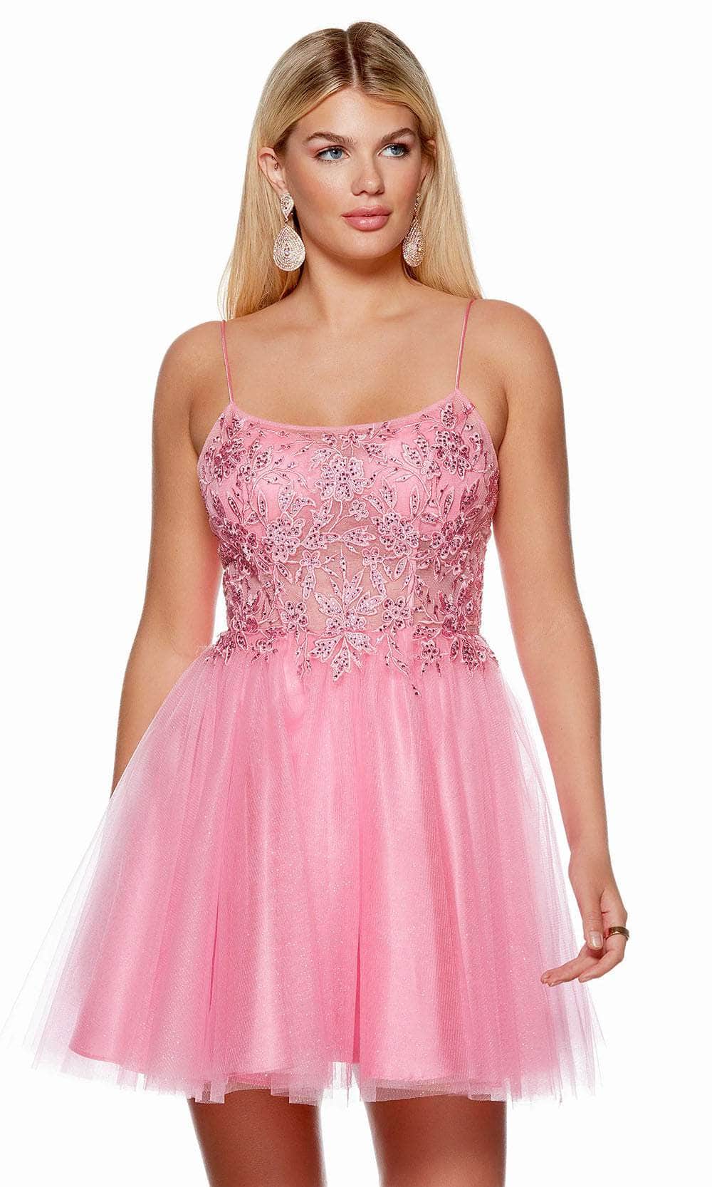 Alyce Paris 3155 - Short Tulle/Lace A-Line Dress - Spaghetti Straps, Lace-Up Back, Sheer Top, Floral Lace Appliques, Sparkly ADASA Alyce Paris 3155 - Short Tulle/Lace A-Line Dress - Spaghetti Straps, Lace-Up Back, Sheer Top, Floral Lace Appliques, Sparkly ADASA