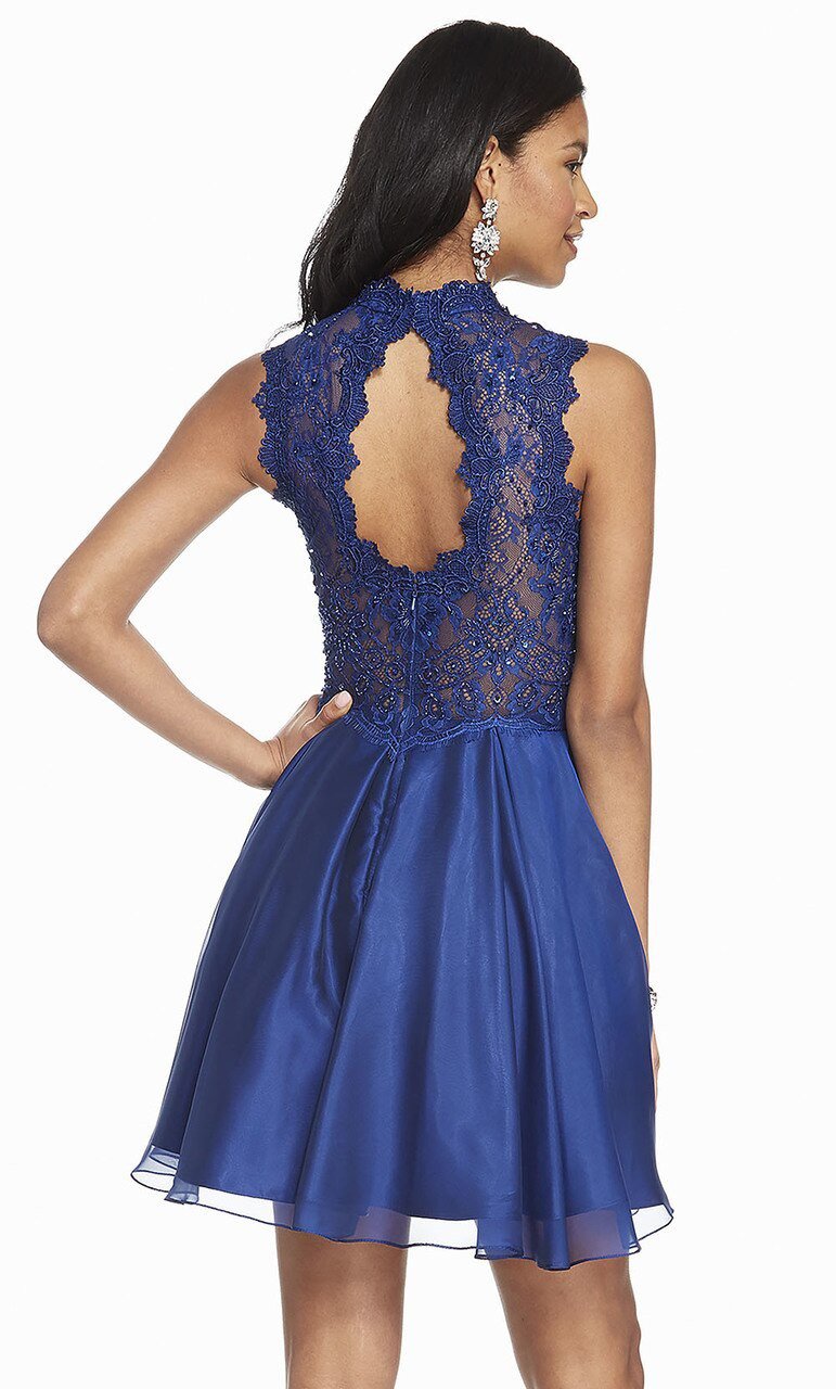 Alyce Paris - 3850 Lace High Neck Chiffon A-line Dress In Blue