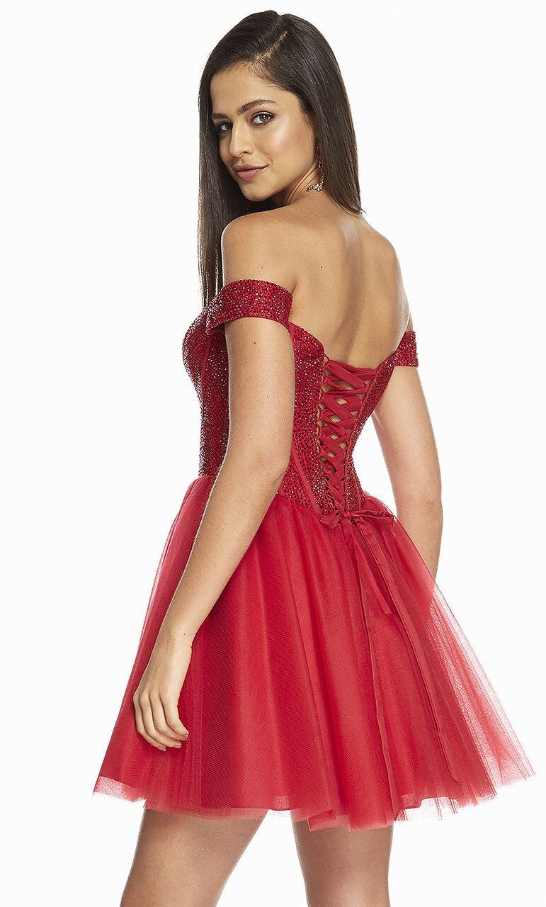 Alyce Paris - 3851 Bejeweled Corset Bodice Off Shoulder Dress In Red