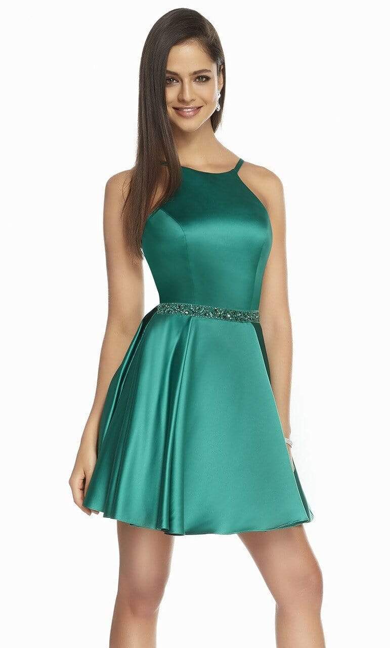 Alyce Paris - 3878 Ladder Racerback Satin A-Line Dress Special Occasion Dress 000 / Emerald