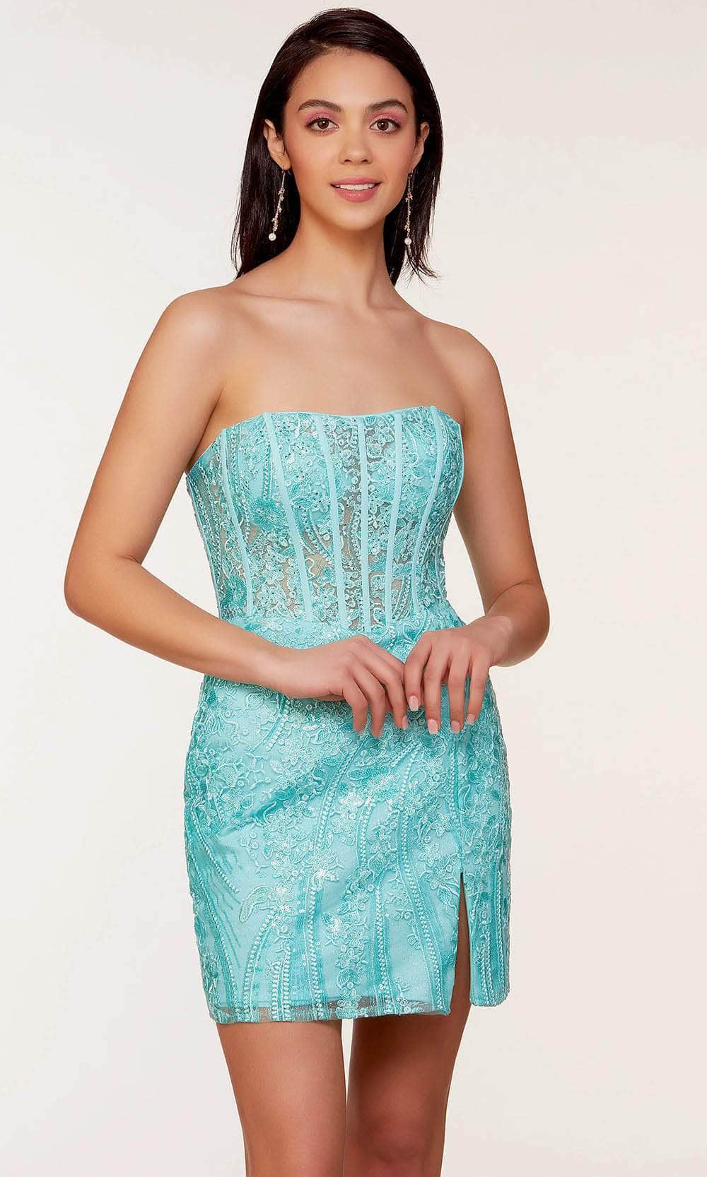 Alyce Paris 4616 - Short Sequins/Glitter Tulle Sheath Dress - Strapless, Lace-Up Back, Corset Dress, Sheer, Glitter, Slit ADASA Alyce Paris 4616 - Short Sequins/Glitter Tulle Sheath Dress - Strapless, Lace-Up Back, Corset Dress, Sheer, Glitter, Slit ADASA