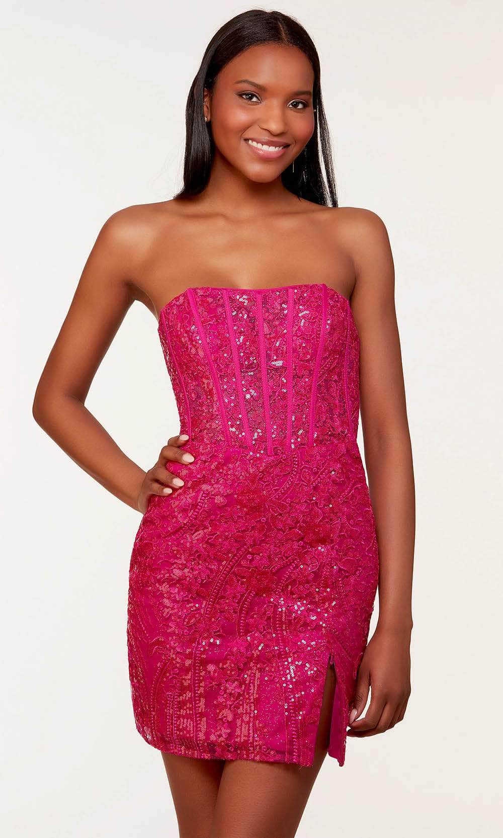Alyce Paris 4616 - Short Sequins/Glitter Tulle Sheath Dress - Strapless, Lace-Up Back, Corset Dress, Sheer, Glitter, Slit ADASA Alyce Paris 4616 - Short Sequins/Glitter Tulle Sheath Dress - Strapless, Lace-Up Back, Corset Dress, Sheer, Glitter, Slit ADASA