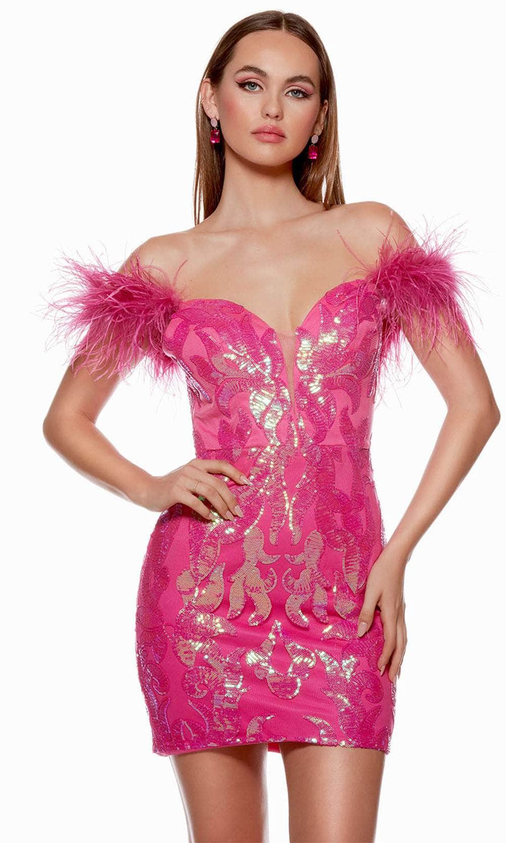 Alyce Paris 4621 - Short Sequins/Feathers Sheath Dress - Off-Shoulder, Sequin Embellished, Feather Details, Lace-Up Back, Back Zipper Closure ADASA Alyce Paris 4621 - Short Sequins/Feathers Sheath Dress - Off-Shoulder, Sequin Embellished, Feather Details, Lace-Up Back, Back Zipper Closure ADASA