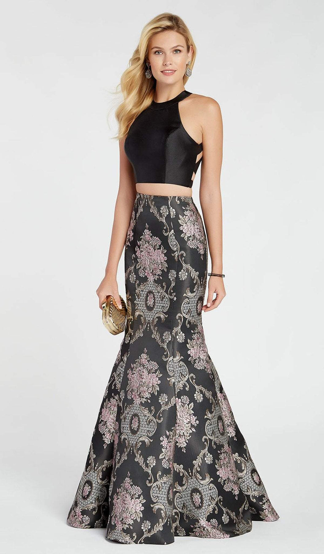 Alyce Paris - 60335 Two Piece High Halter Jacquard Mermaid Dress Special Occasion Dress 000 / Black