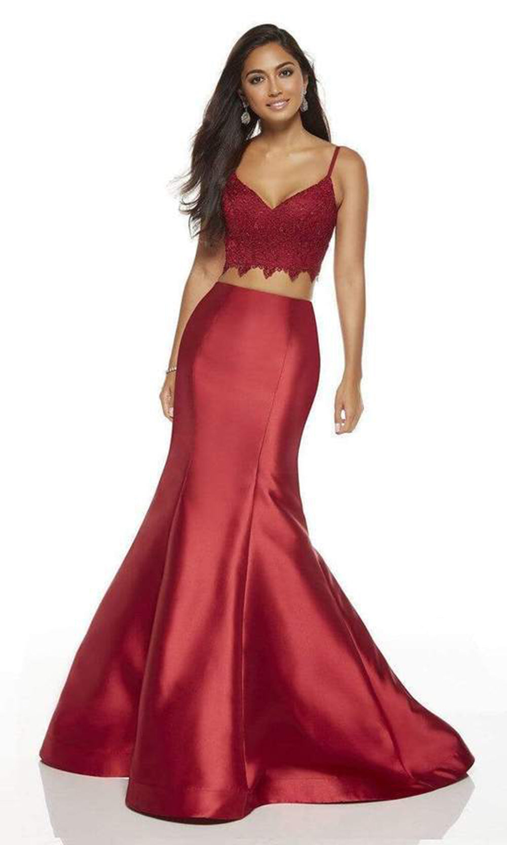 Alyce Paris - 60633 Two-Piece Lace Croptop Silk Mikado Mermaid Gown In Red