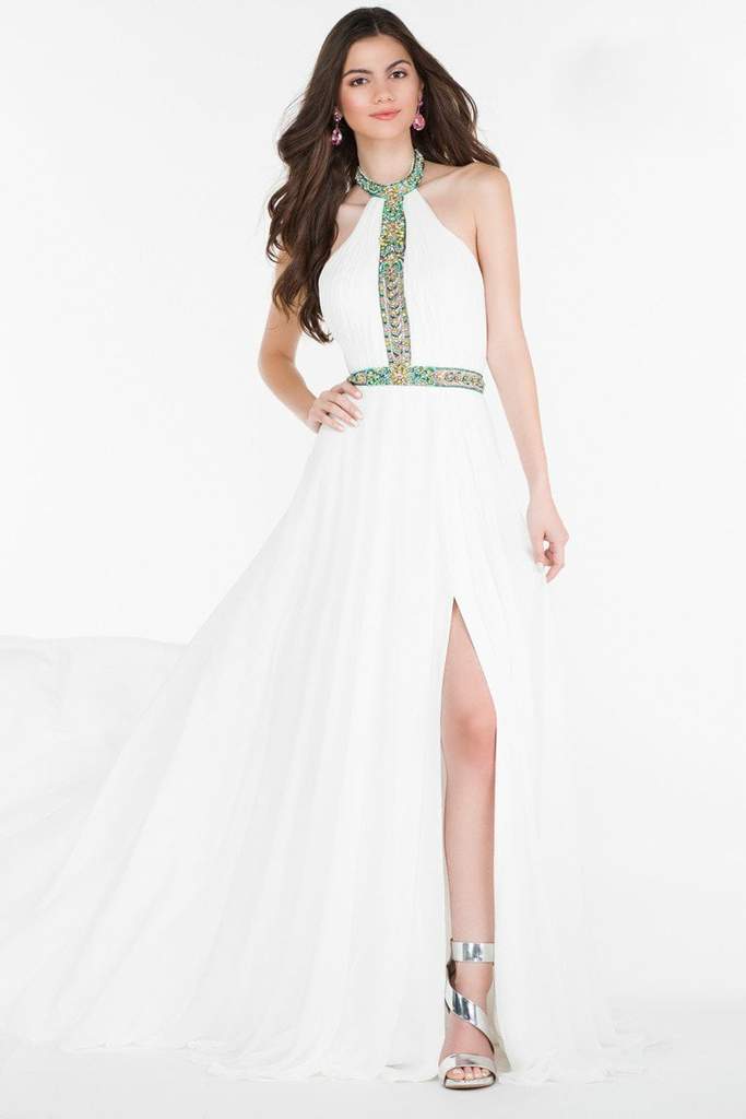 Alyce Paris Prom Collection Halter Chiffon Gown 6675 CCSALE 14 / Diamond White