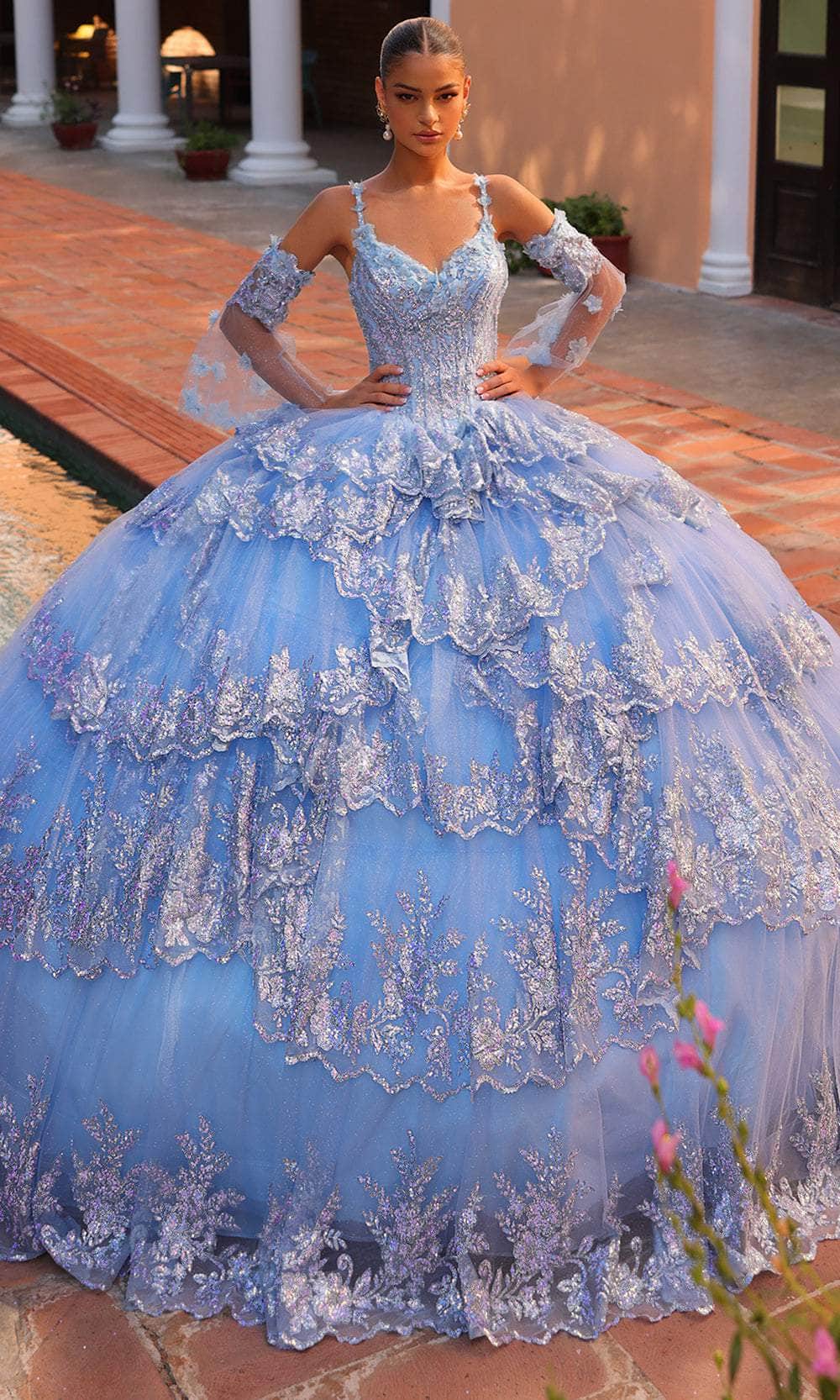 Amarra 54300 - Long Glitter Tulle Ballgown - Thin Strap, 3D Floral Appliques, 3D Floral Applique, Beaded, Lace Embroidery, Detachable Long Sleeve, Amarra 54300 - Long Glitter Tulle Ballgown - Thin Strap, 3D Floral Appliques, 3D Floral Applique, Beaded, Lace Embroidery, Detachable Long Sleeve,