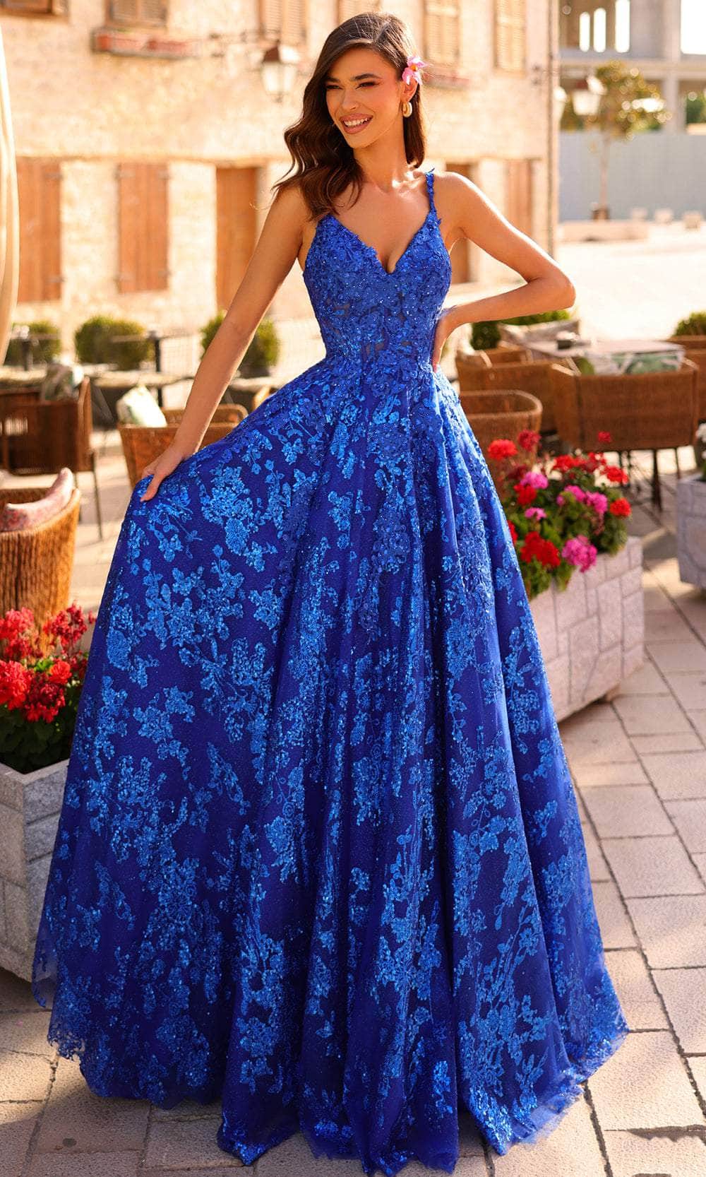 Amarra 88727 - Long Glitter Tulle A-Line Dress - Thin Strap, Sleeveless, Embroidery, Beaded, Illusion Bodice, Corset Lace-Up Back, Sweep Train ADASA Amarra 88727 - Long Glitter Tulle A-Line Dress - Thin Strap, Sleeveless, Embroidery, Beaded, Illusion Bodice, Corset Lace-Up Back, Sweep Train ADASA