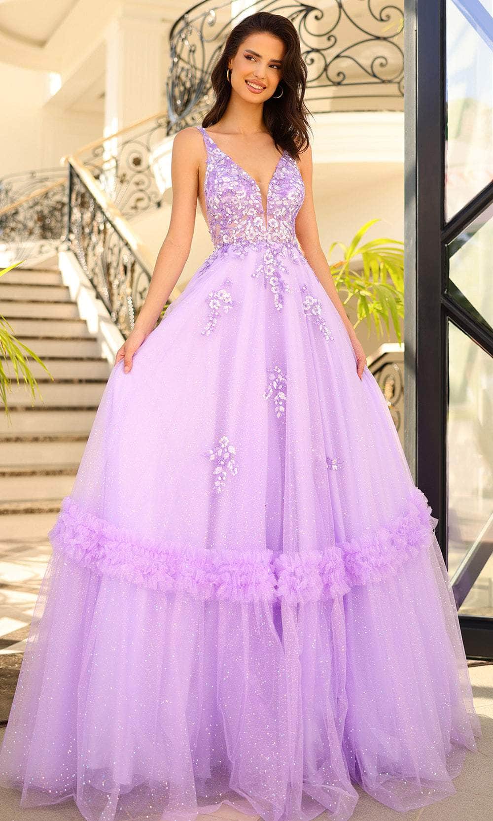 Amarra 88744 - Long A-Line Dress - Sleeveless, Floral Appliques, Beadwork,  Sheer Inset, Illusion Side Cutouts, V-Open Back, Ruffle Trims, Sweep Train   ADASA
