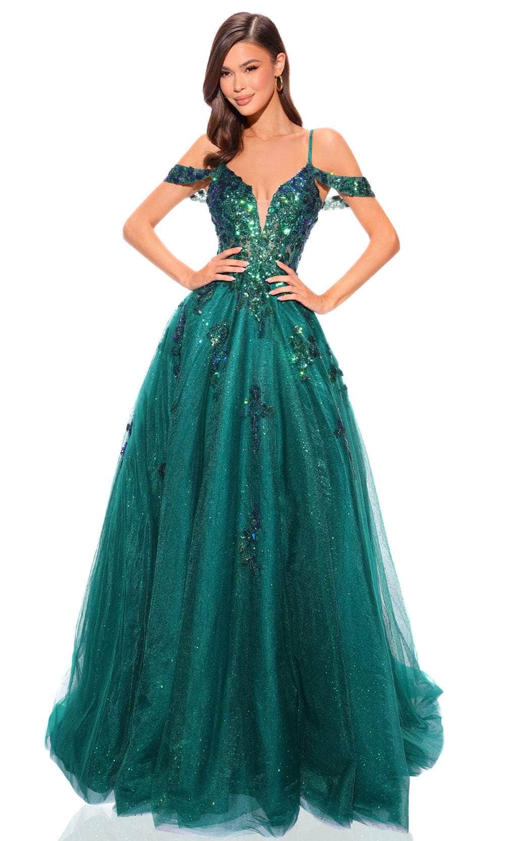 Amarra 88875 - Sequin Tulle Prom Dress with Slit 0 / Emerald