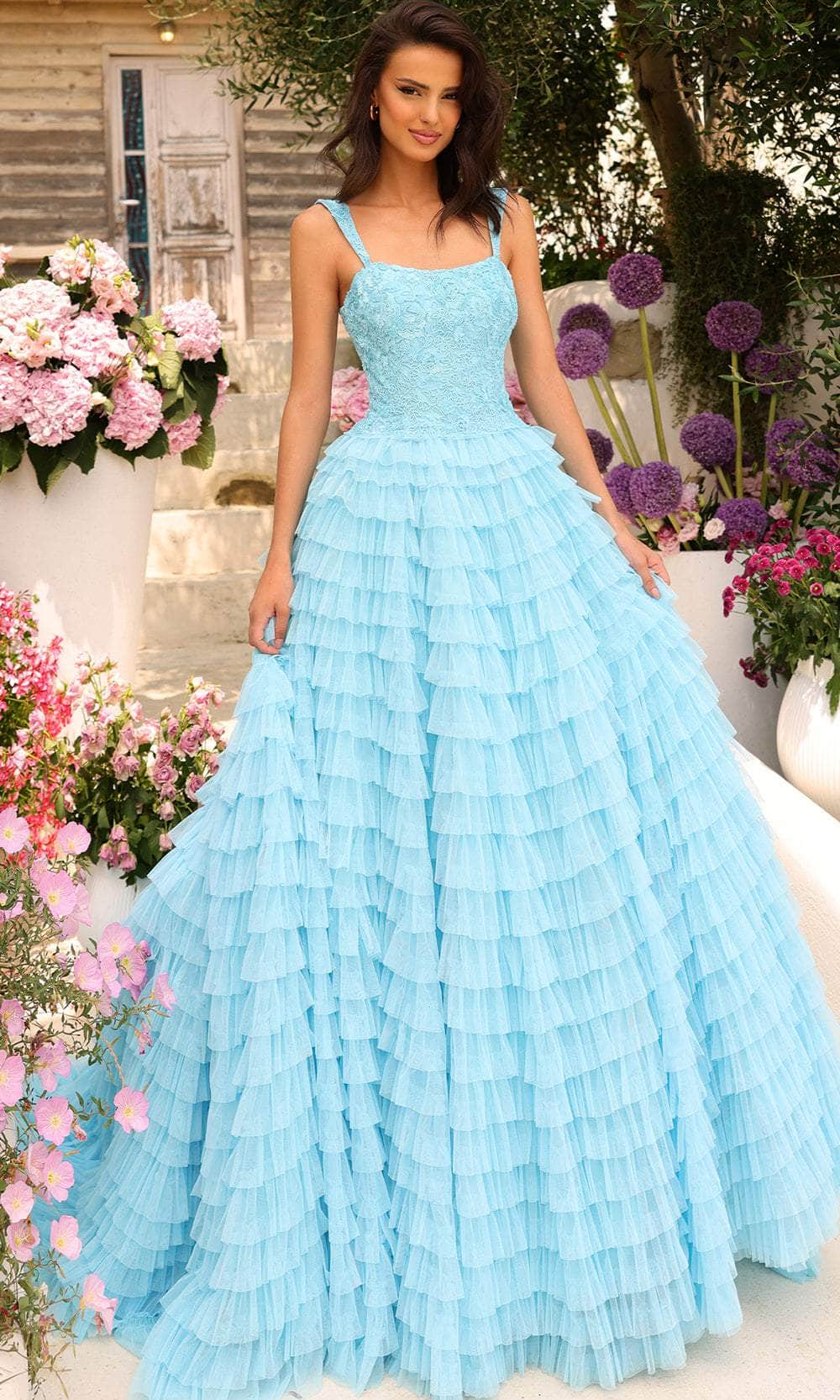 Amarra 94026 - Long Tulle A-Line Dress - Fitted, Sleeveless, Straps, Bead Embellished, Ruffle, Tiered Skirt, Floor Length, V Back, Back Zipper, Court Train ADASA Amarra 94026 - Long Tulle A-Line Dress - Fitted, Sleeveless, Straps, Bead Embellished, Ruffle, Tiered Skirt, Floor Length, V Back, Back Zipper, Court Train ADASA