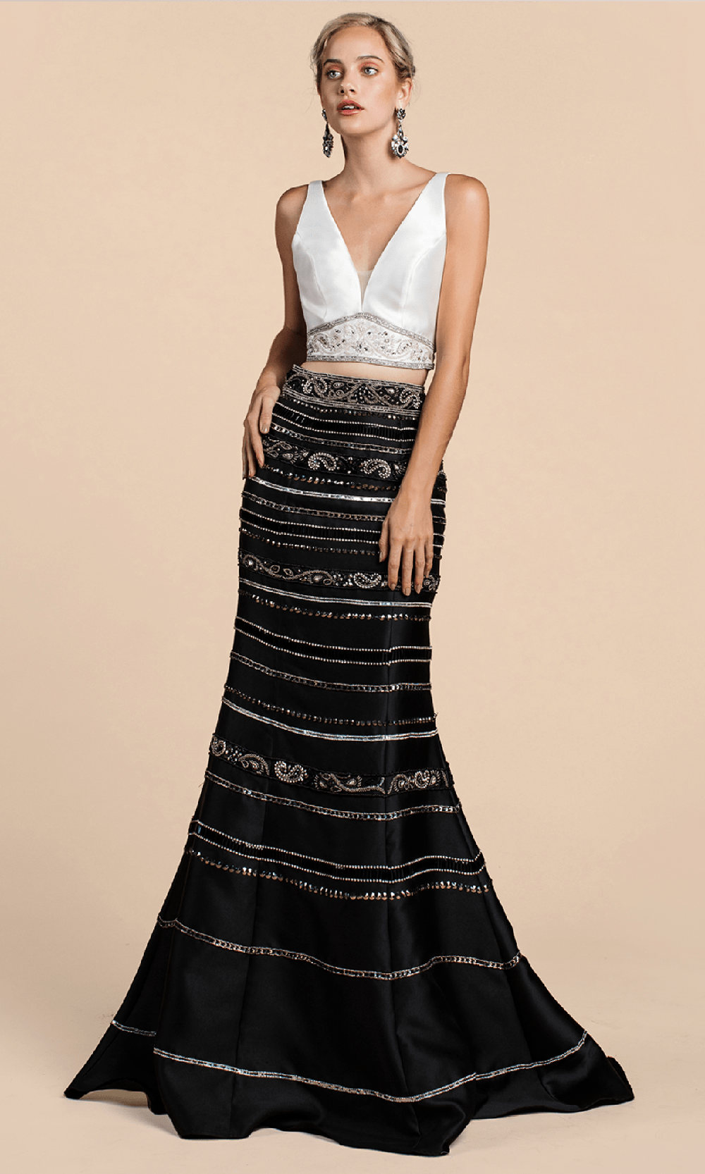 Andrea and Leo A0491 - Plunging V-Neck Beaded Mermaid Prom Gown Prom Dresses 2 / White-Black